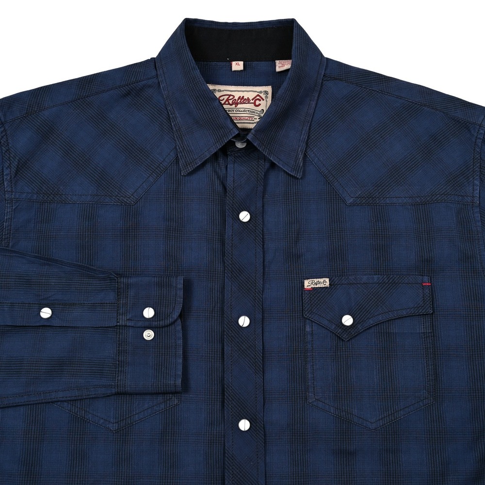 Rafter C Cowboy Collection Mens XL Navy Blue Plaid Western Pearl Snap L/S Rodeo